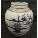 An 18th Century Chinese blue and white ginger jar and cover decorated with figure on a river bank