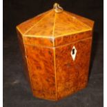 A George III burr yew and boxwood strung tea caddy of pagoda form,