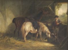 THOMAS SMYTHE (1825-1906) "Stable lad with brush, feeding horses a dog at his feet by door",
