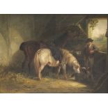 THOMAS SMYTHE (1825-1906) "Stable lad with brush, feeding horses a dog at his feet by door",