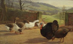 ALFRED ELSWORTH (1845-1919) "Turkeys and geese by a farm gate", oil on canvas,