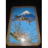 A Chinese cloisonné architectural plaque depicting geese coming in on reed beds with Mount Fuji in