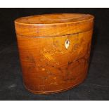 A George III harewood and kingwood cross-banded marquetry inlaid tea caddy of oval form,