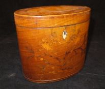 A George III harewood and kingwood cross-banded marquetry inlaid tea caddy of oval form,