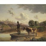 G ESCORVAL "Farmer with cow and dog observing a ferry", oil on canvas, signed bottom left,