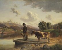 G ESCORVAL "Farmer with cow and dog observing a ferry", oil on canvas, signed bottom left,