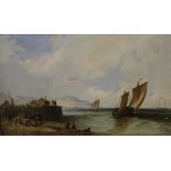 JAMES EDWIN MEADOWS (1828-1888) "Fishing boats with figures on a beach", oil on canvas,