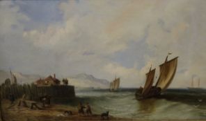 JAMES EDWIN MEADOWS (1828-1888) "Fishing boats with figures on a beach", oil on canvas,