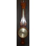 A 19th Century mahogany banjo barometer and thermometer with conch shell marquetry inlay,