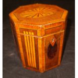 A George III marquetry and kingwood cross-banded harewood tea caddy,