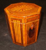 A George III marquetry and kingwood cross-banded harewood tea caddy,