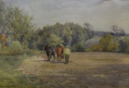 CHARLES JAMES ADAMS (1859-1931) "Harrow team", study of horses and driver in a field, watercolour,