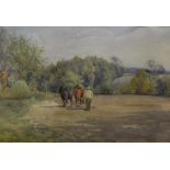 CHARLES JAMES ADAMS (1859-1931) "Harrow team", study of horses and driver in a field, watercolour,