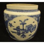 A 19th Century Chinese porcelain blue and white prunus blossom pot with panels of household objects