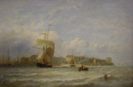 GEORGE STAINTON (1855-1899) "Sailing vessels and tenders with figures in foreground off Portsmouth",