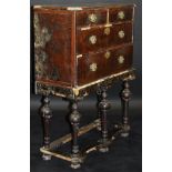 A circa 1700 oyster walnut and laburnum chest on stand,