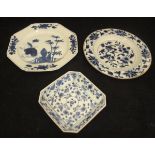 Two 19th Century Chinese blue and white plates and a Chinese blue and white square dish with canted