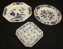 Two 19th Century Chinese blue and white plates and a Chinese blue and white square dish with canted