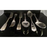A collection of silver "Thread and Fiddle" pattern cutlery comprising seven Victorian tablespoons