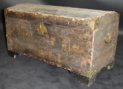 An 18th Century black lacquered and chinoiserie decorated dome topped trunk with engraved brass