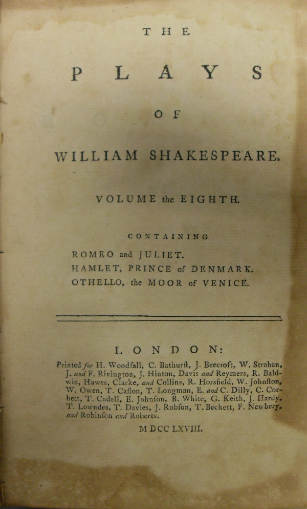 WILLIAM SHAKESPEARE "The Plays of William Shakespeare", a set of eight volumes, published London,