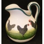A Wemyss ware water jug of bulbous form decorated with two cockerels and three hens,