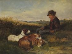 HEYWOOD HARDY (1842-1933) "Boy with two dogs resting in a landscape", oil on canvas,