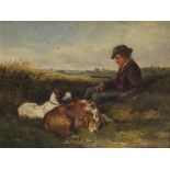 HEYWOOD HARDY (1842-1933) "Boy with two dogs resting in a landscape", oil on canvas,