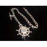 A Victorian silver Albert watch chain with hard stone set silver mounted seal as a ship's wheel (by