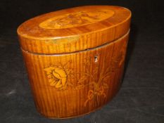 A George III harewood and marquetry inlaid tea caddy of oval form,