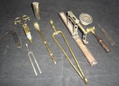 A collection of metal wares to include brass bombilla,