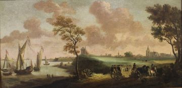 PETER TILLEMANS (1684-1734) "Gilded Carriage and two approaching town with moored sailing vessels
