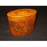 A George III harewood and marquetry inlaid tea caddy of oval form,
