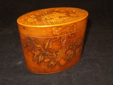 A George III harewood and marquetry inlaid tea caddy of oval form,