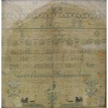 A mid 18th Century needlework sampler by Susannah Bertrand aged 6 yrs,