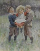 EDITH SCANNELL (Fl 1870-1903) "In the Orchard", study of three young children, watercolour,