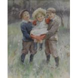 EDITH SCANNELL (Fl 1870-1903) "In the Orchard", study of three young children, watercolour,