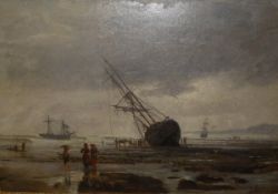 JOHN HOLLAND (1830-1886) "Beached ship with figures on shore, further vessels in the background",