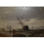 JOHN HOLLAND (1830-1886) "Beached ship with figures on shore, further vessels in the background",