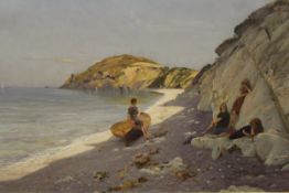 JOHN H E PARTINGTON (1843-1899) "Four young girls on a beach by cliff,