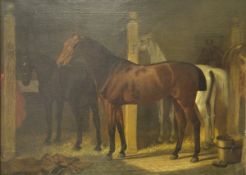 E K M (19TH CENTURY) "Four Hunters in a Stable, a blanket in the foreground", oil on canvas,