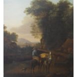 FOLLOWER OF KAREL DUJARDIN (1622-1678) "Figure with donkeys and dog on a roadway" landscape