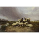 CHARLES JONES (1836-1892) "Sheep resting by Riverside, a figure with cattle in the background",