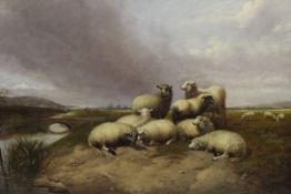 CHARLES JONES (1836-1892) "Sheep resting by Riverside, a figure with cattle in the background",