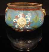 A Chinese cloisonné bowl blue ground with stylised dragon head handles,
