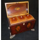 A George III mahogany and marquetry inlaid dome top three section tea caddy,