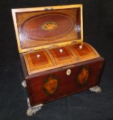 A George III mahogany and marquetry inlaid dome top three section tea caddy,