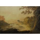 ATTRIBUTED TO WILLIAM PAYNE (1760-1830) "River landscape with figures by a bridge", watercolour,
