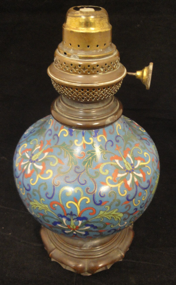 A 19th Century Chinese cloisonné blue ground bodied oil lamp, the regulator marked "P Harvard A",
