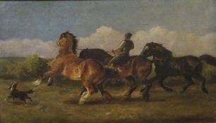 WILLIAM WOODHOUSE (1857-1937) "Figure with three shire horses", a dog at their side, oil on board,